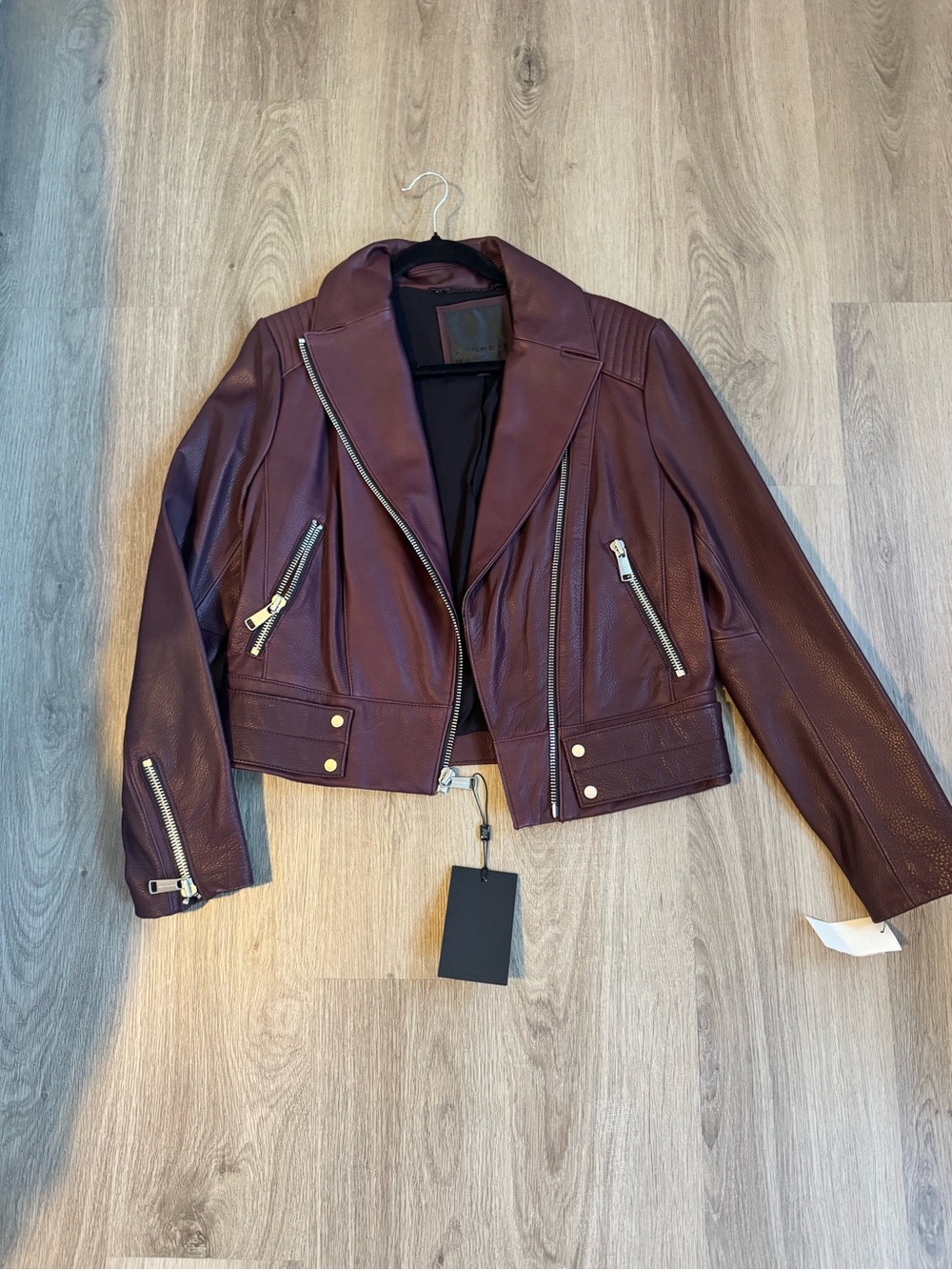 Andrew Marc Burgundy Cropped Faux Leather Moto Jacket